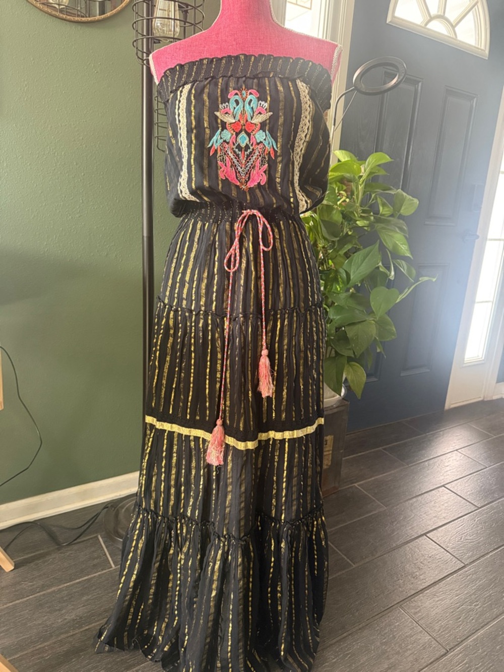 VENUS Black Strapless Maxi Dress with Multicolor Embroidery